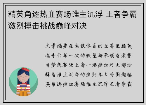 精英角逐热血赛场谁主沉浮 王者争霸激烈搏击挑战巅峰对决