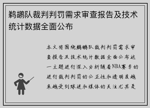 鹈鹕队裁判判罚需求审查报告及技术统计数据全面公布