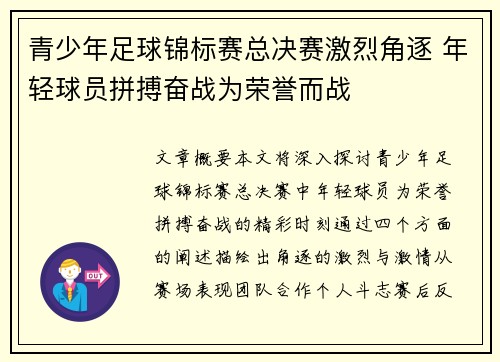 青少年足球锦标赛总决赛激烈角逐 年轻球员拼搏奋战为荣誉而战