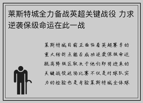 莱斯特城全力备战英超关键战役 力求逆袭保级命运在此一战