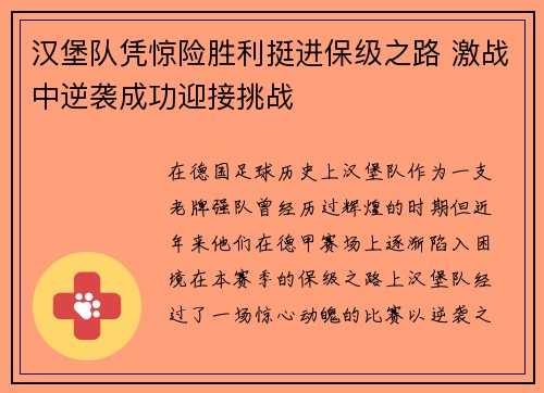 汉堡队凭惊险胜利挺进保级之路 激战中逆袭成功迎接挑战