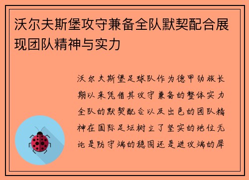 沃尔夫斯堡攻守兼备全队默契配合展现团队精神与实力