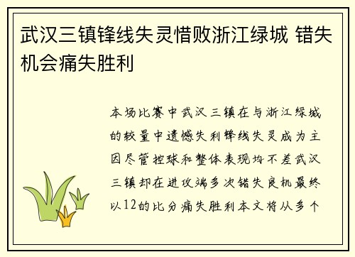 武汉三镇锋线失灵惜败浙江绿城 错失机会痛失胜利